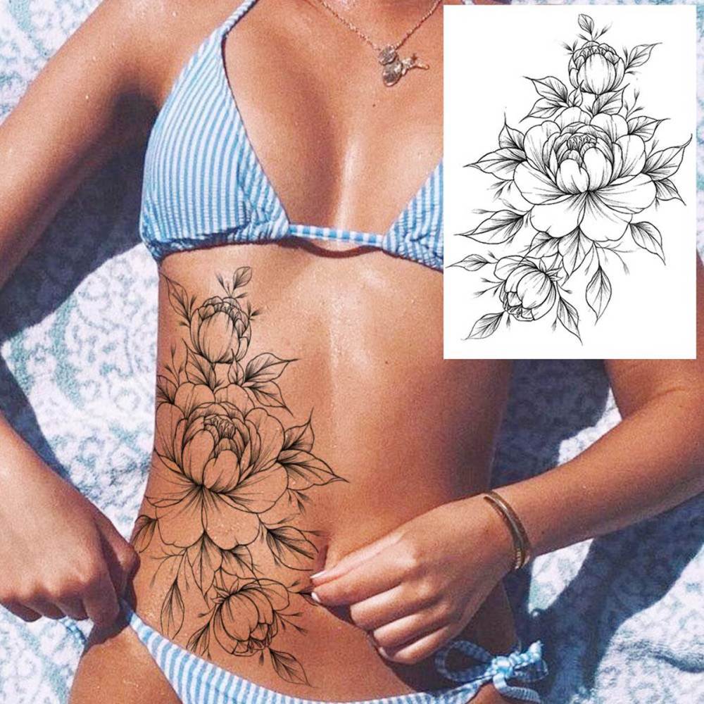 6 Sheets 3D Realistic Large Black Rose Flower Temporary Tattoos For Women Body Art Arm Big Peony Geometric Tattoo Stickers Adults Fake Waterproof Tatoo Legs Sketch Sexy Girl Peach Lily