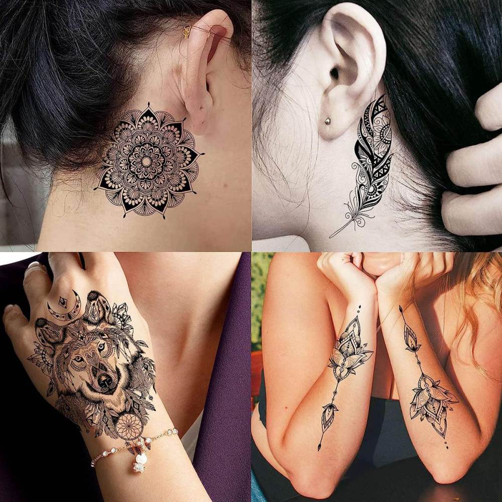 6 Pieces/Lot Unique Black Henna Temporary Tattoo Stickers For Adults Women Girls Feather Mandala Flower Body Art Large Big Arm Tattoos Sheet Lace Indian Mehndi Sexy Wedding Tatoos OWL