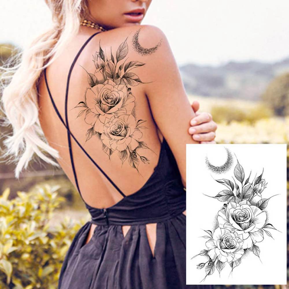 6 Sheets 3D Realistic Large Black Rose Flower Temporary Tattoos For Women Body Art Arm Big Peony Geometric Tattoo Stickers Adults Fake Waterproof Tatoo Legs Sketch Sexy Girl Peach Lily