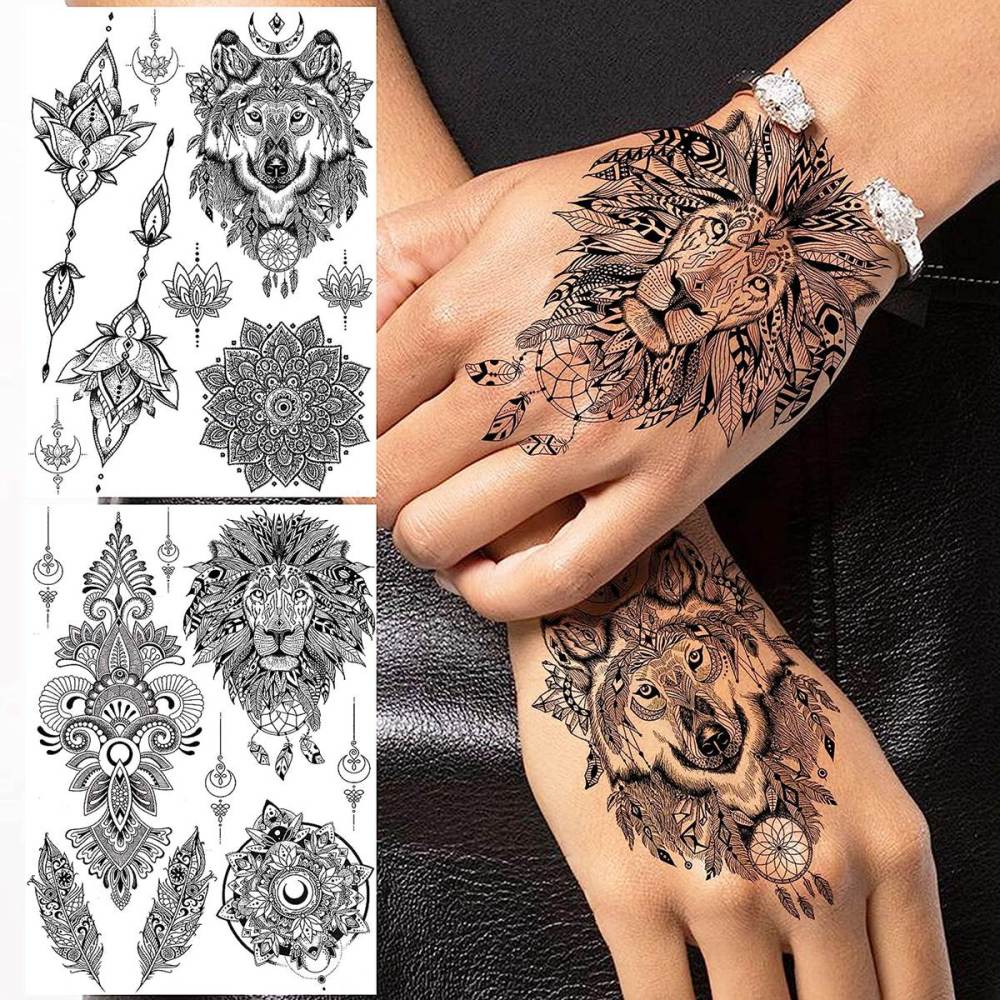 6 Pieces/Lot Unique Black Henna Temporary Tattoo Stickers For Adults Women Girls Feather Mandala Flower Body Art Large Big Arm Tattoos Sheet Lace Indian Mehndi Sexy Wedding Tatoos OWL