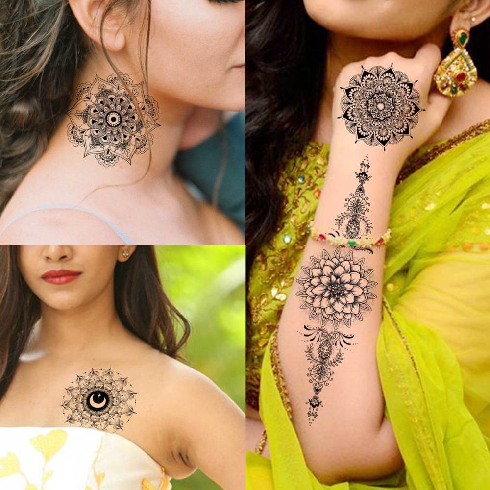 6 Pieces/Lot Unique Black Henna Temporary Tattoo Stickers For Adults Women Girls Feather Mandala Flower Body Art Large Big Arm Tattoos Sheet Lace Indian Mehndi Sexy Wedding Tatoos OWL