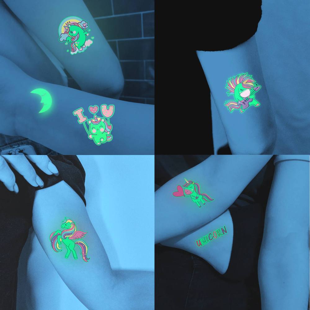 15 Sheets Unicorn Glow in The Dark Temporary Tattoos for Kids Girls Toddler Cute Fun Glitter Night Luminous Waterproof Fake Tattoo Sticker For Children Birthday Gifts Party Supplies Favor