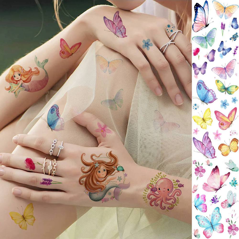 60 Sheets 500+ Patterns Cartoon Temporary Tattoos For Kids Girls, Groovy Cute Mermaid Unicorn Dinosaur Butterfly Temp Fake Tattoo Stickers, Small Animals Summer Tatoos Tatuajes Temporales Child