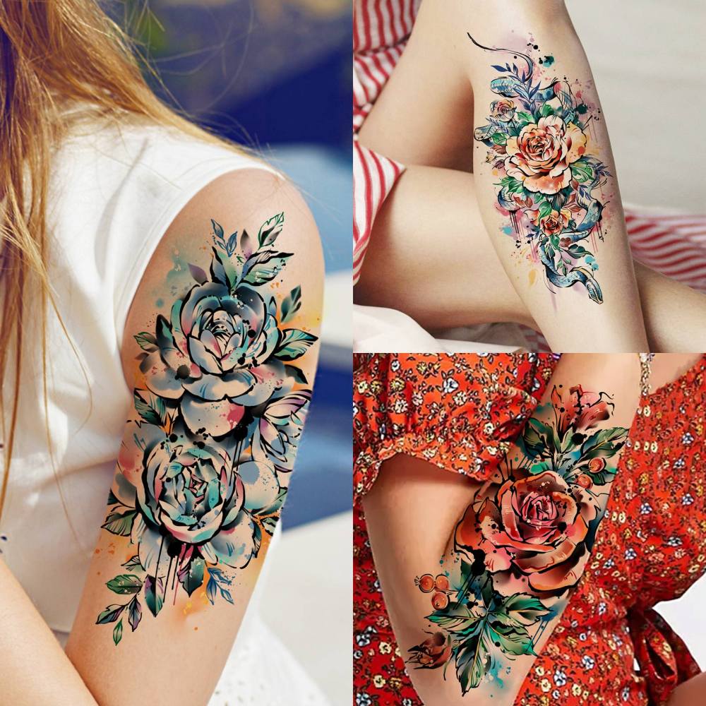 67 Sheets Watercolor Rose Flower Temporary Tattoos For Women Girls, 12 Sheets Colorful Arm Sleeve Tattoos For Adults Floral Snake Tiger, 53 Sheets Groovy Small Semi Permanent Fake Tattoos Kids