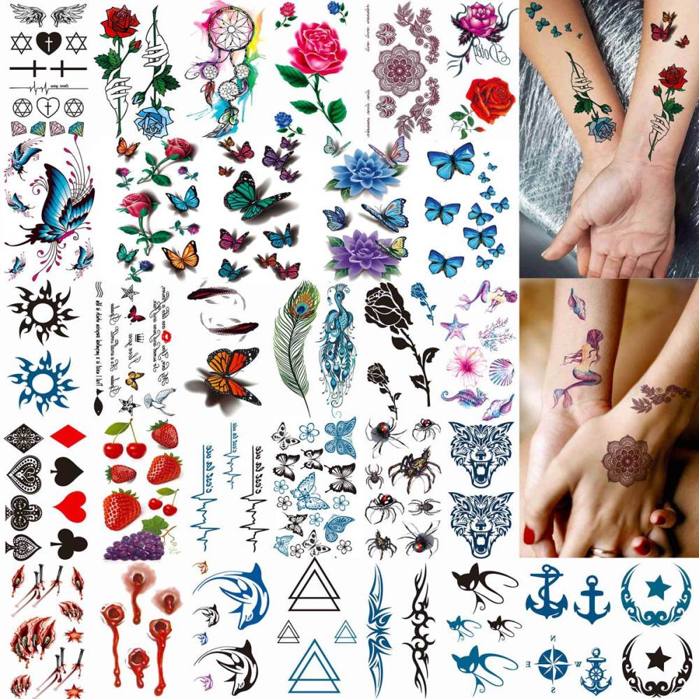 64 Sheets Variety Tiny Waterproof Temporary Tattoos For Men Women, Moon Star Butterfly Birds Planets Fake Tattoos For Kids Adults, Arm Neck Face Letters Temp Tattoo Temporary Tatoos Sticker Set