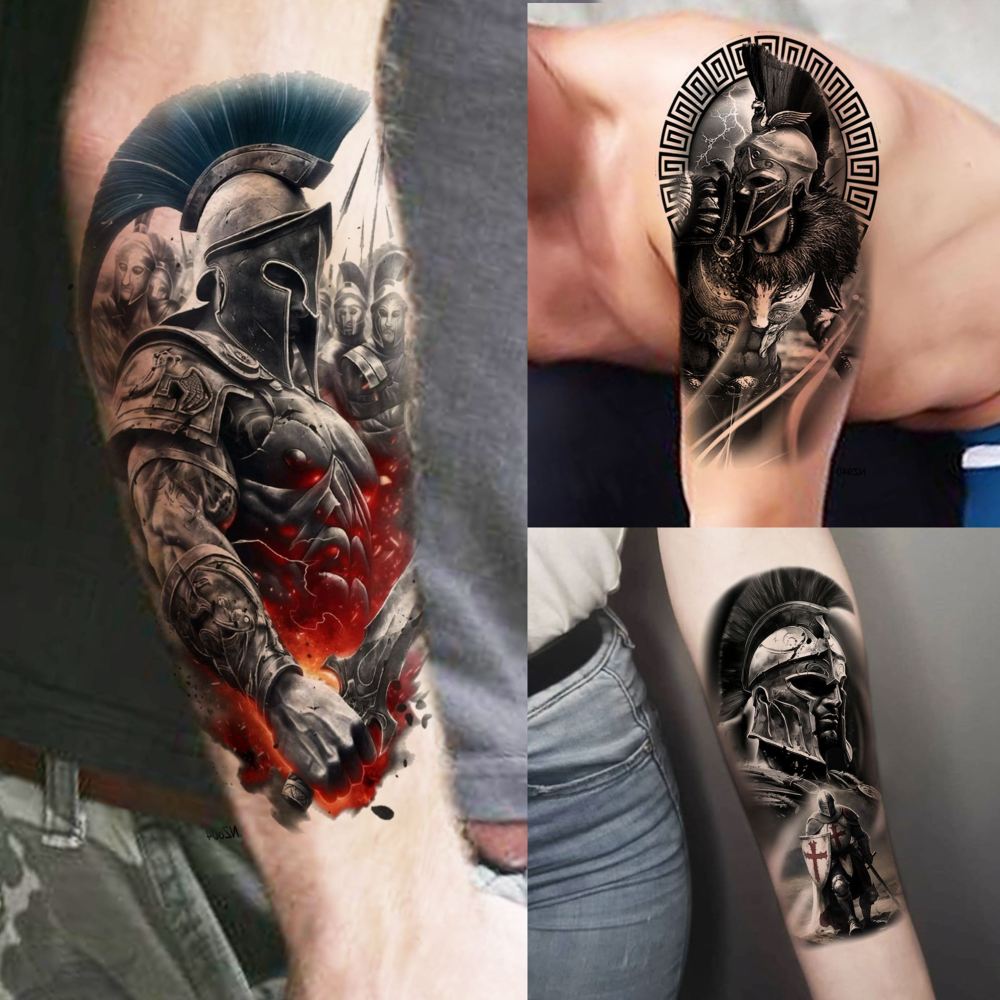 74 Sheets Black Gladiator Temporary Tattoos For Men Adults Forearm, Halloween Half Arm Sleeve Tattoo For Women Greek Mythology Spartan Warriors Knight, Long Lasting Fake Tattoo Stickers Lion Eagle War