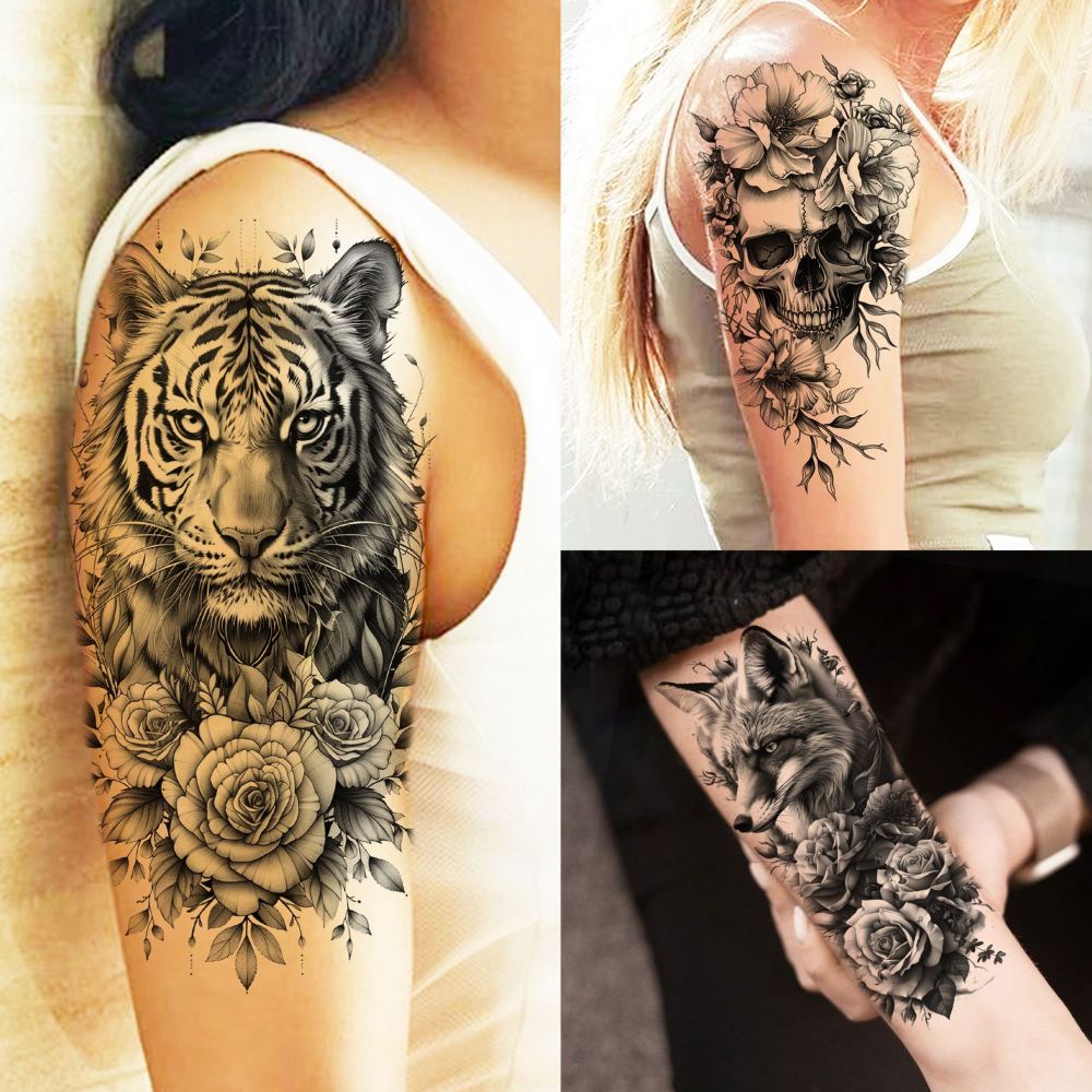 72 Sheets Realistic Lion Rose Flower Temporary Tattoos For Women Girls Adults Arm, Bulk Temp Sleeve Tattoos Peony Fox Wolf Florals, Halloween 3D Realistic Fake Tattoo Stickers Skull Skeleton Tiger