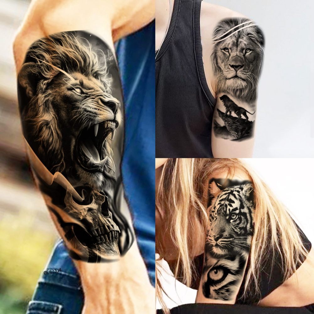 73 Sheets Lion Skull Wolf Temporary Tattoos For Women Men, Halloween Skull Eagle Owl Waterproof Half Arm Sleeve Tattoos For Adult, Tiger Jesus Christ Long Lasting Fake Tattoo Sticker Tiger Skeleton