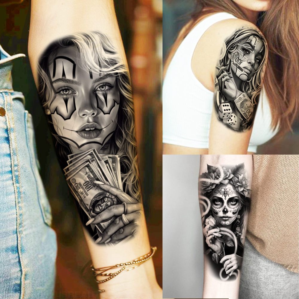 70 Sheets Chicano Temporary Tattoos For Women Men, Halloween Guadalupe Jesus Christ God Waterproof Half Arm Sleeve Tattoos For Adults, Virgin Mary Cholo Chola Fake Tattoo Sticker Joker Gangster Prison