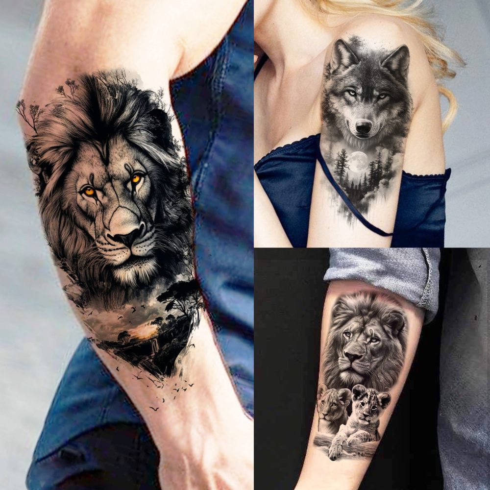 69 Sheets Gothic Lion Jesus Christ Temporary Tattoos For Women Men, Halloween Skull Warrior Zeus God Waterproof Half Arm Sleeve Tattoos For Adults, Tiger Wolf Long Lasting Fake Tattoo Sticker Skeleton