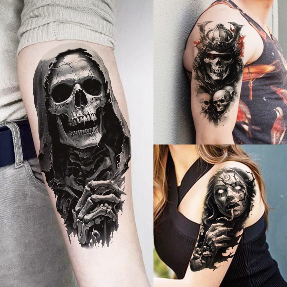 75 Sheets Halloween Skull Skeleton Temporary Tattoos For Men Women, Snake Demon Devil Fiend Satan Bulk Half Arm Sleeve Tattoos For Adults, 3D Temp Long Lasting Fake Tattoo Sticker Vampire Zombies