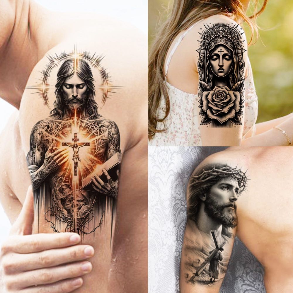 68 Sheets God Jesus Christ Temporary Tattoos For Men Women, Bulk Temp Religious Christian Peace Faith Nun Prayer Ship Half Arm Sleeve Tattoos For Adults, Tribal Eye Lion Holy Bible Quotes Fake Tattoo