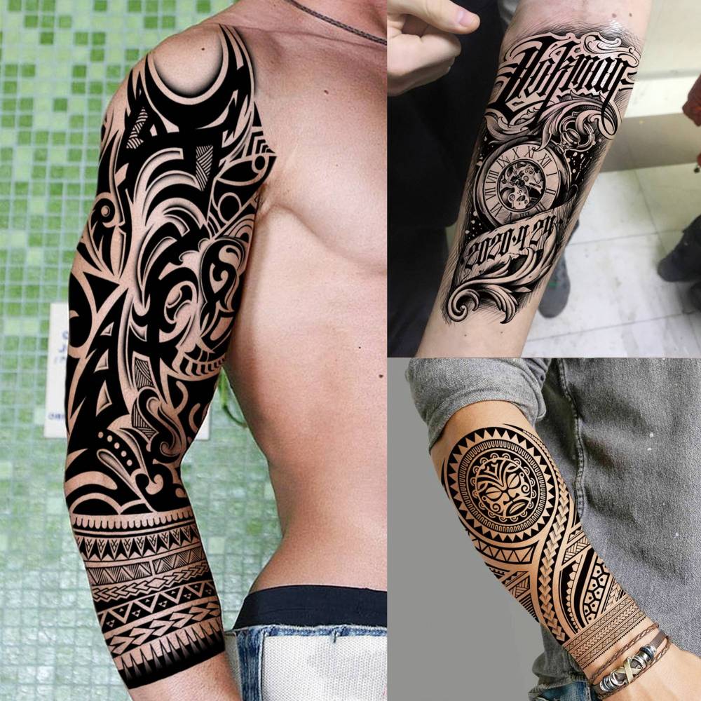 20 Sheets Extra Large Maori Full Arm Sleeve Temporary Tattoos For Men Women Thigh, Fake Sleeve Tattoos For Adults, Tribal Indian Long Lasting Halloween Black Turtle Maori Tattoo Stickers Faith