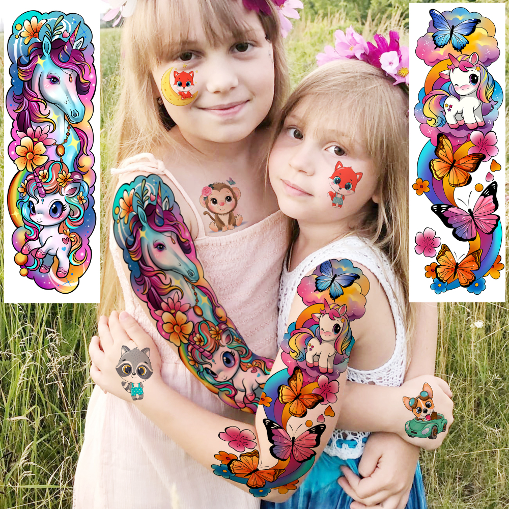 58 PCS Cartoon Unicorn Mermaid Temporary Tattoo For Kids Girls Boys, Full Arm Animals Dinosaur Car Space Monster Truck Butterfly Body Face Fake Arm Tattoos Stickers Birthday Gifts Goodie Bag Stuffer