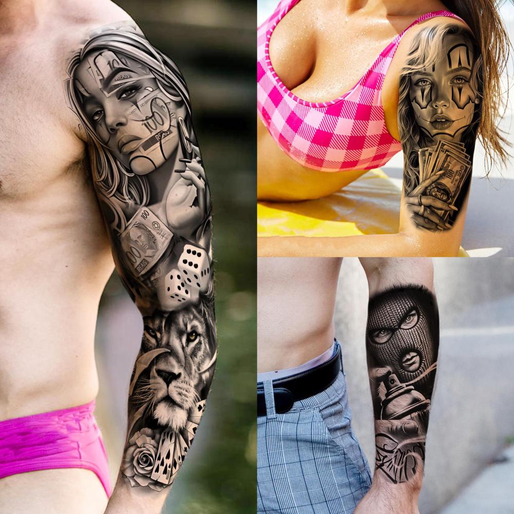 18 Sheets Chicano Full Arm Temporary Tattoos For Men Women Thigh, Chicana Guadalupe Joker Gangster Nun Girl Fake Sleeve Tattoos For Adults, Temp Bulk Jesus Christ Halloween Tattoo Stickers Prison