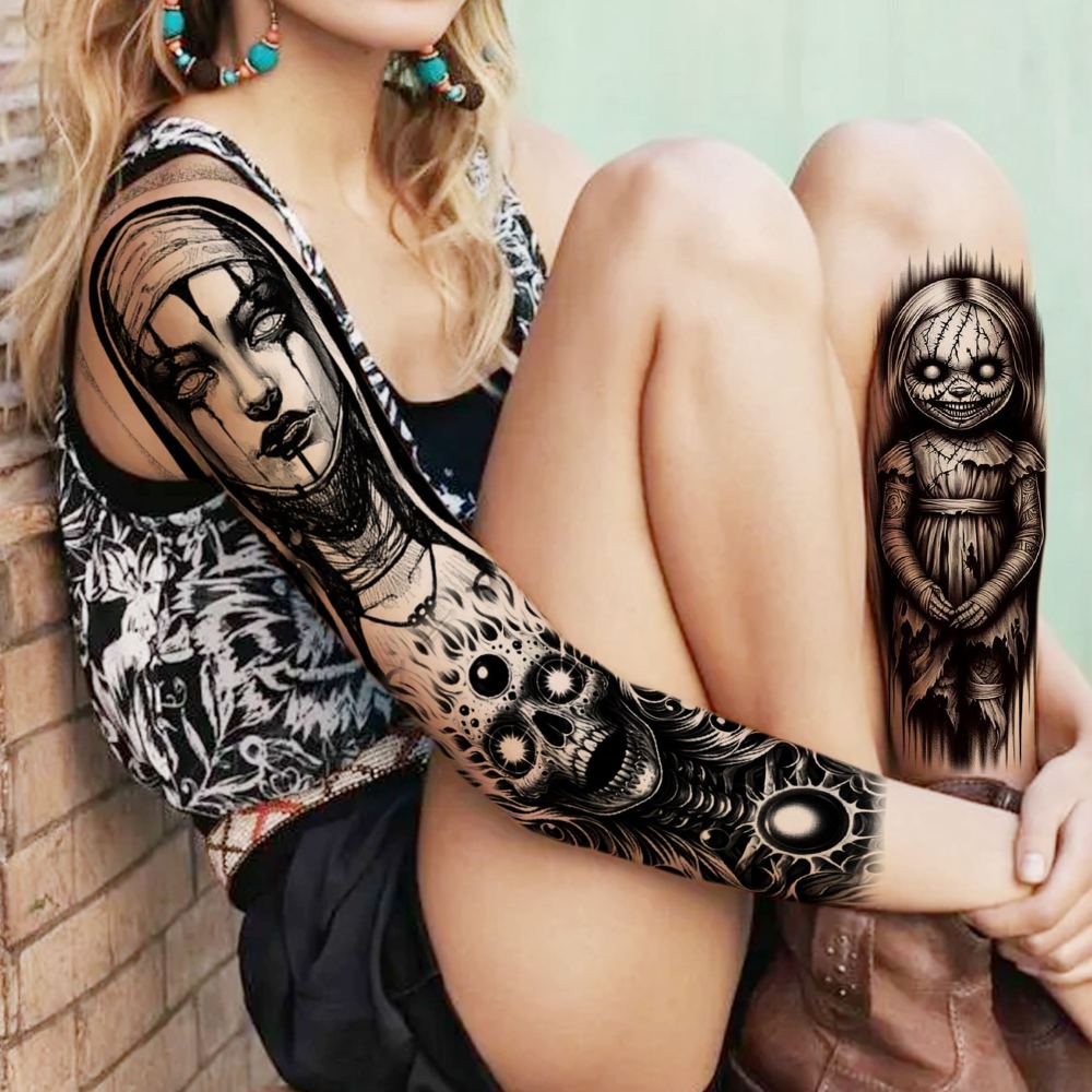 20 Sheets Black Gothic Full Arm Temporary Tattoos For Men Adults Thigh, Nun Girl Skull Skeleton Zeus God Jesus Christ Fake Sleeve Tattoos For Women, Scary Halloween Tattoo Stickers Demon Vampire