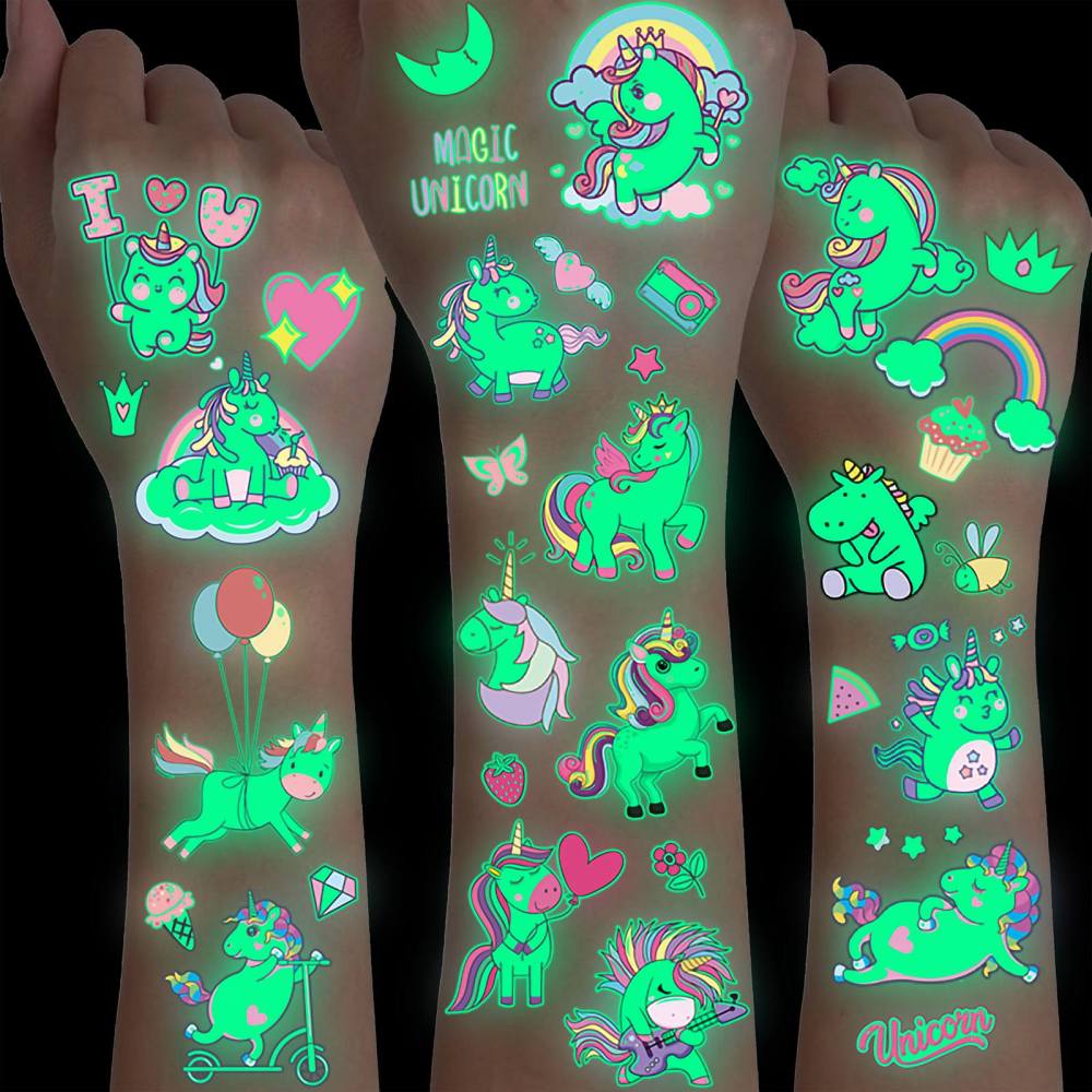 15 Sheets Unicorn Glow in The Dark Temporary Tattoos for Kids Girls Toddler Cute Fun Glitter Night Luminous Waterproof Fake Tattoo Sticker For Children Birthday Gifts Party Supplies Favor