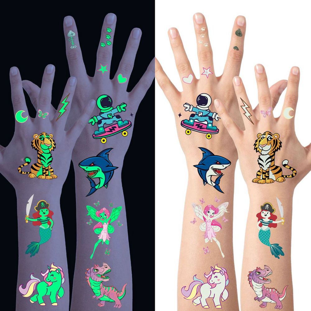 20 Sheets Bulk Cute Luminous Temporary Tattoos For Kids Boys Girls Children, 3D Night Cartoon Car Unicorn Robot Animals Dog Cat Shark Space Pirate Marine Fairy Fake Glow in The Dark Tattoo Stickers