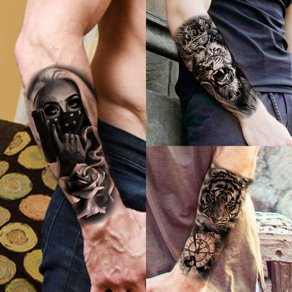 69 Sheets 3D Realistic Tiger Lion Temporary Tattoos For Women Forearm Men Arm, Half Sleeve Wolf Owl Skull Skeleton Waterproof Fake Tattoos For Adults Thigh, Black Animal Bulk Tattoo Sticker