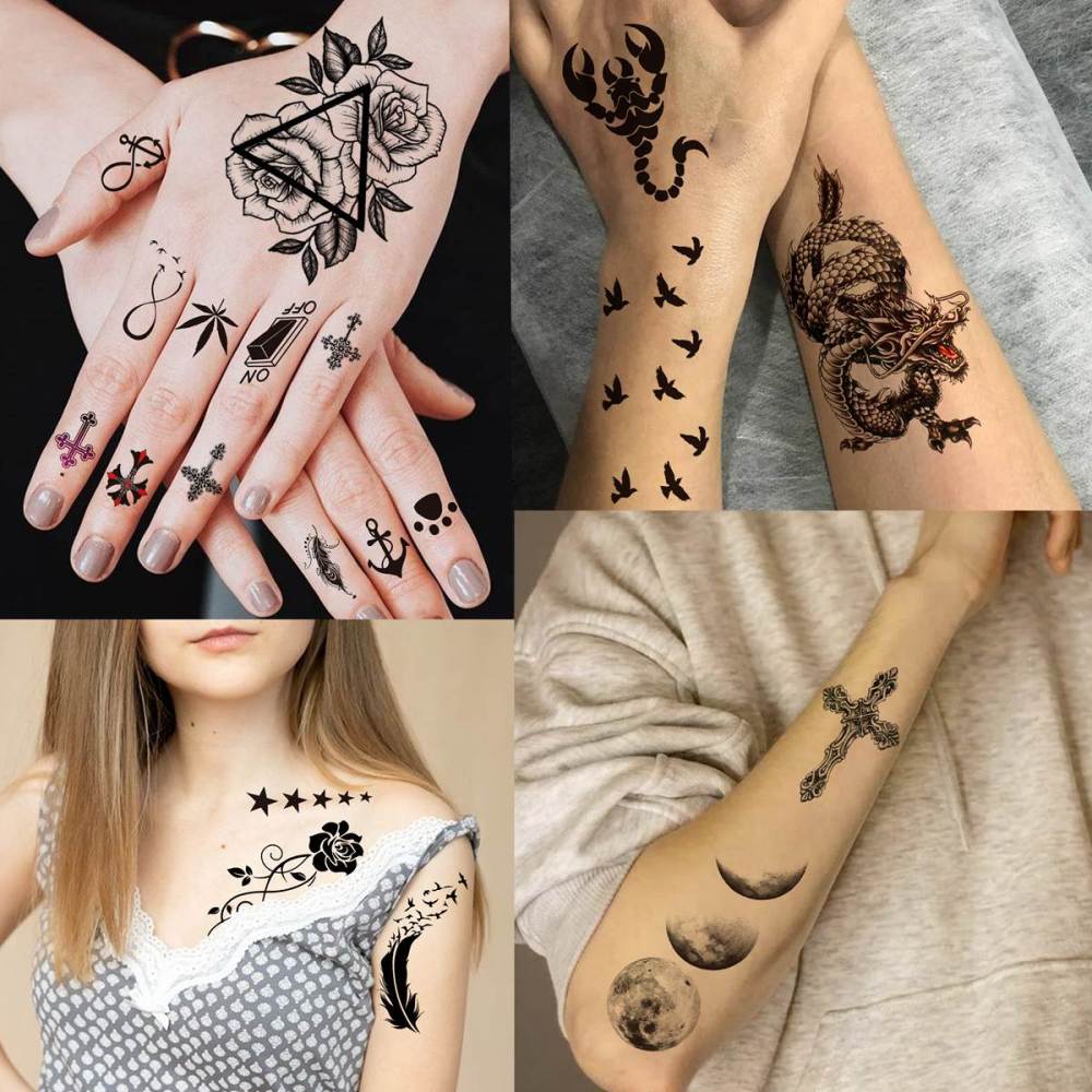 66 Sheets 3D Small Black Temporary Tattoos For Women Men Waterproof Fake Tattoo Stickers For Face Neck Arm Children Flower Birds Star Realistic Tatoo Kits For Boy Girls Adults