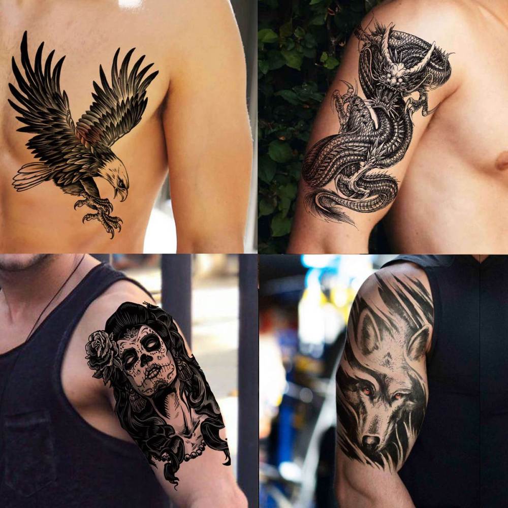 50 Sheets Black Temporary Tattoos For Men Adults Ealge Dragon Lion Wolf Animals For Women Neck Arm Thigh, Fake Small Skull Tattoo Sticker For Kids Children Boys Girls Tatoos