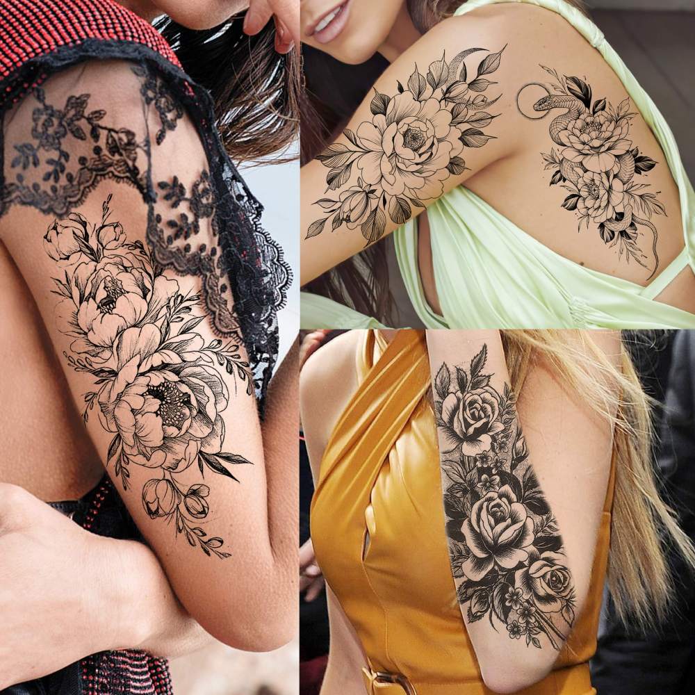 63 Sheets Realistic Black Rose Peony Flower Temporary Tattoos for Women Adults Body Art Arm, Snake Fake Floral Sketch Sleeve Tattoo Sticker