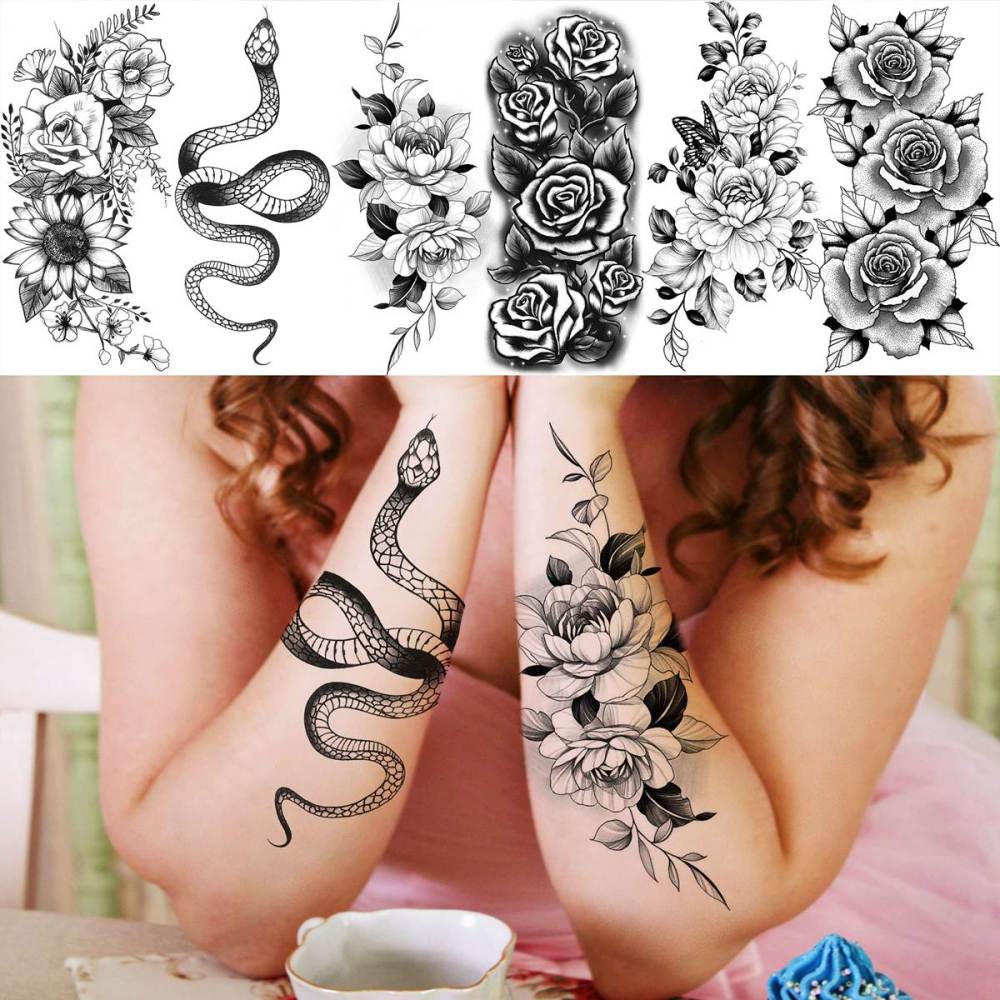 59 Sheets Sexy 3D Rose Flower Temporary Tattoos For Women Girls Arm Neck, Snake Floral Sunflower Leaf Peony Fake Tattoo Sticker Adult, Black Realistic Temp Tatoos Moon Dandelion Butterfly Thigh