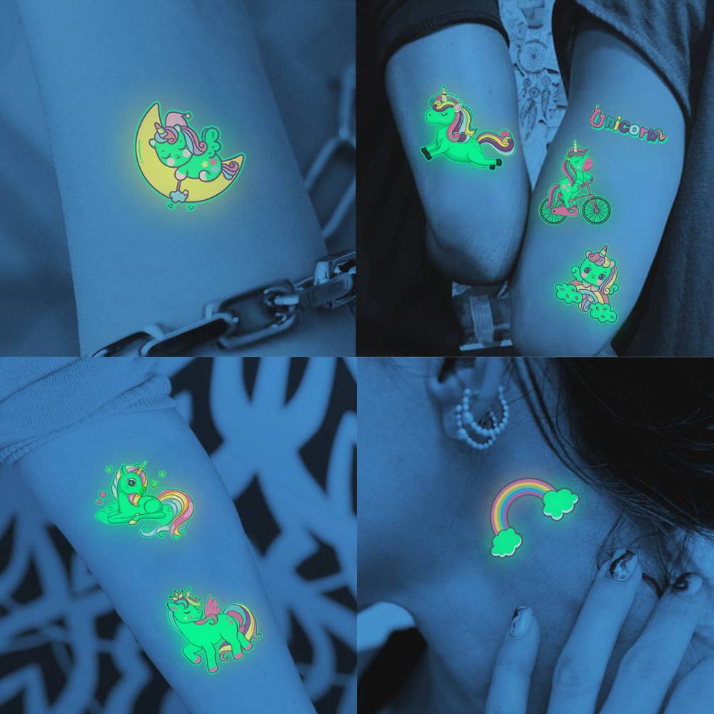 15 Sheets Unicorn Glow in The Dark Temporary Tattoos for Kids Girls Toddler Cute Fun Glitter Night Luminous Waterproof Fake Tattoo Sticker For Children Birthday Gifts Party Supplies Favor