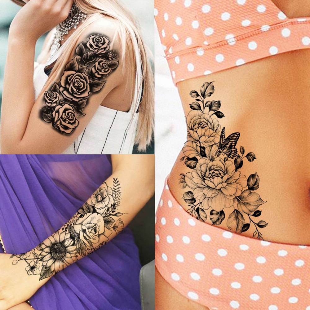 59 Sheets Sexy 3D Rose Flower Temporary Tattoos For Women Girls Arm Neck, Snake Floral Sunflower Leaf Peony Fake Tattoo Sticker Adult, Black Realistic Temp Tatoos Moon Dandelion Butterfly Thigh