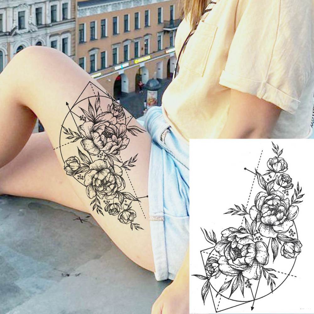 6 Sheets 3D Realistic Large Black Rose Flower Temporary Tattoos For Women Body Art Arm Big Peony Geometric Tattoo Stickers Adults Fake Waterproof Tatoo Legs Sketch Sexy Girl Peach Lily