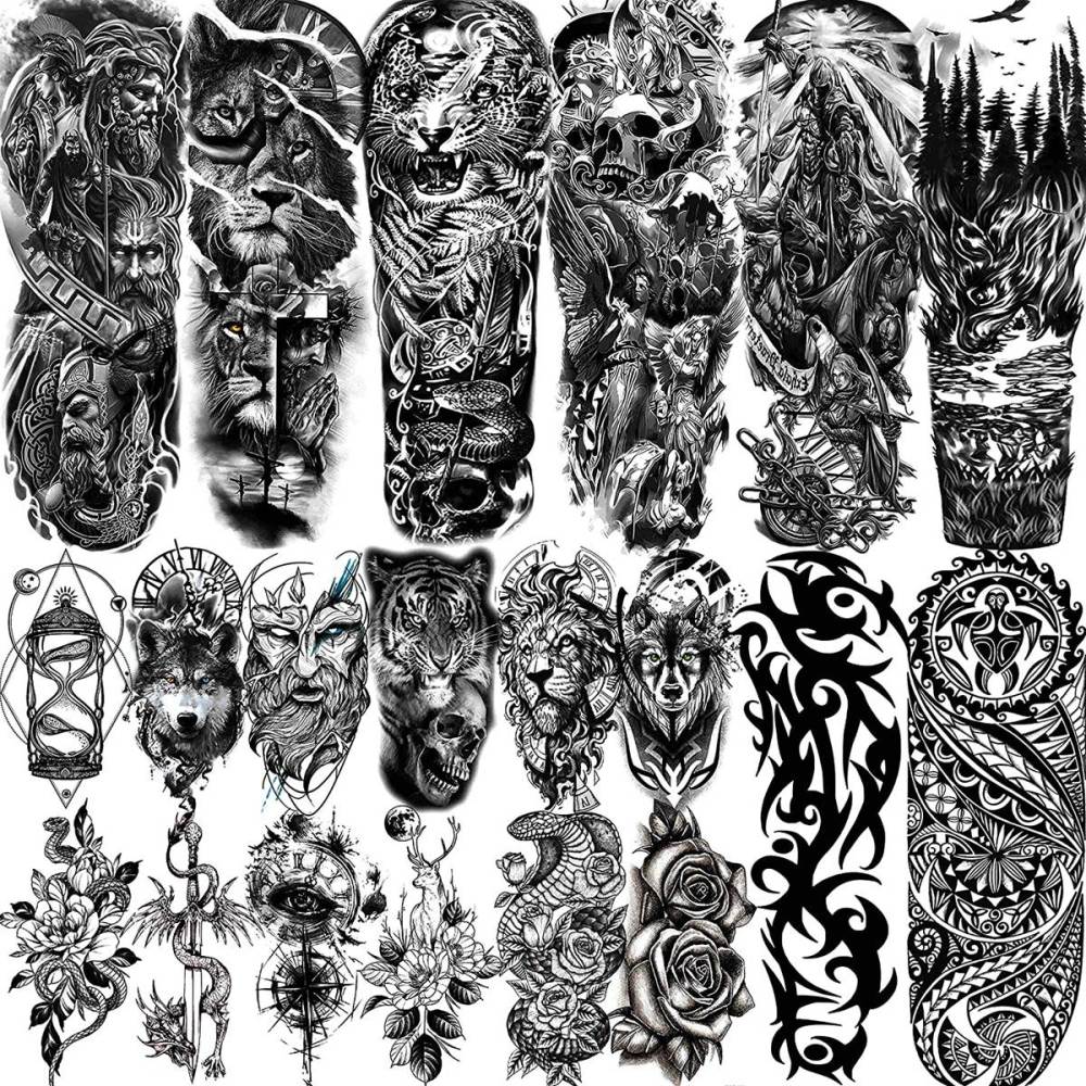 20 Sheets Extra Large Full Arm Temporary Tattoos For Men Adults, Tiger Snake Leopard Lion King Temporary Tattoos Sleeve For Women, Temp Waterproof Fake Tattoo Stickers For Kids Warrior Tatoos