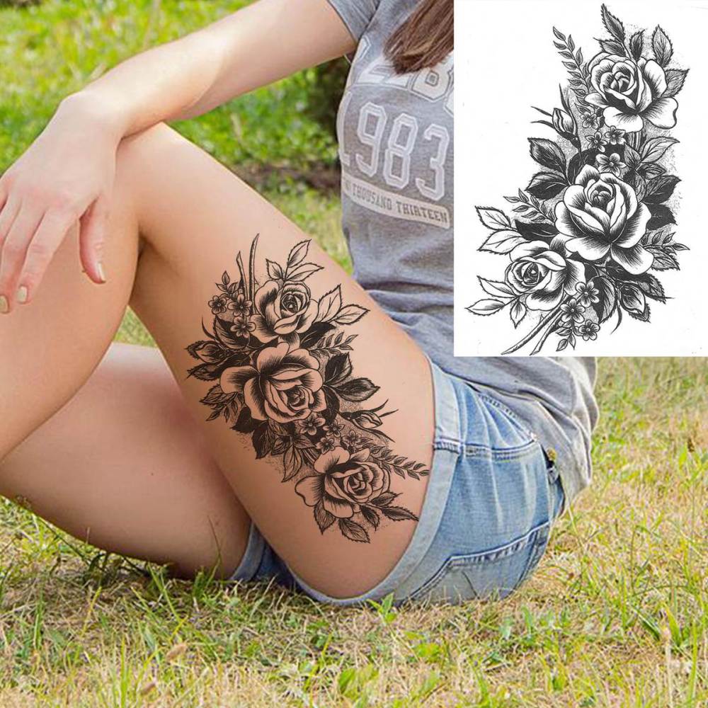 6 Sheets 3D Realistic Large Black Rose Flower Temporary Tattoos For Women Body Art Arm Big Peony Geometric Tattoo Stickers Adults Fake Waterproof Tatoo Legs Sketch Sexy Girl Peach Lily