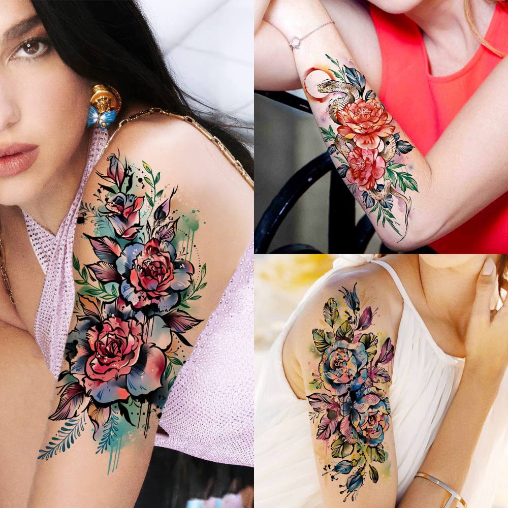 67 Sheets Watercolor Rose Flower Temporary Tattoos For Women Girls, 12 Sheets Colorful Arm Sleeve Tattoos For Adults Floral Snake Tiger, 53 Sheets Groovy Small Semi Permanent Fake Tattoos Kids