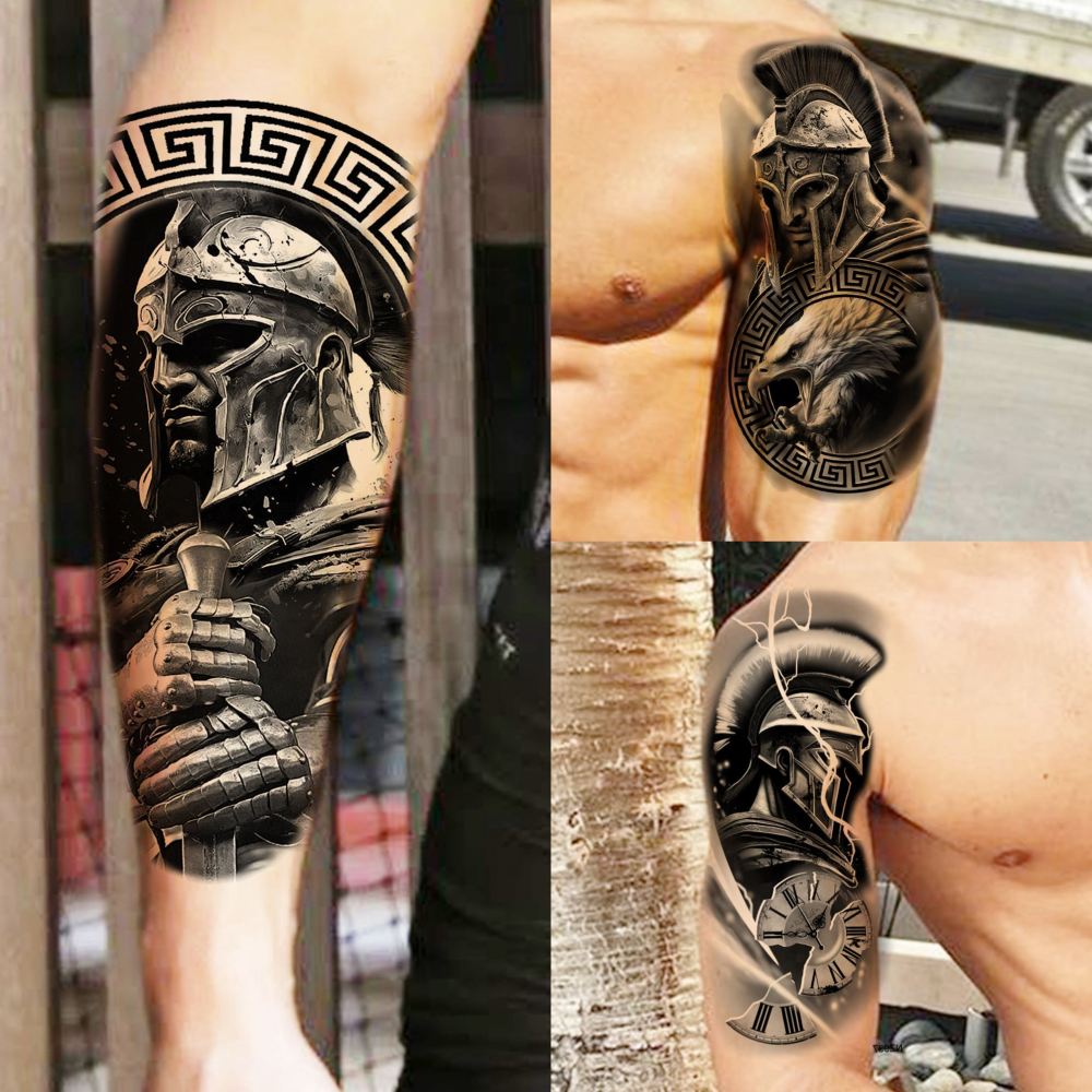 74 Sheets Black Gladiator Temporary Tattoos For Men Adults Forearm, Halloween Half Arm Sleeve Tattoo For Women Greek Mythology Spartan Warriors Knight, Long Lasting Fake Tattoo Stickers Lion Eagle War