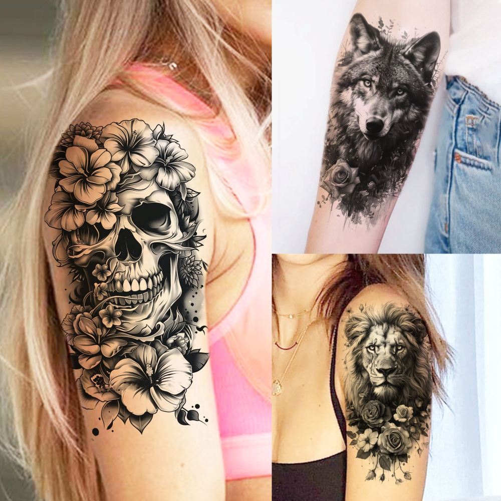 72 Sheets Realistic Lion Rose Flower Temporary Tattoos For Women Girls Adults Arm, Bulk Temp Sleeve Tattoos Peony Fox Wolf Florals, Halloween 3D Realistic Fake Tattoo Stickers Skull Skeleton Tiger