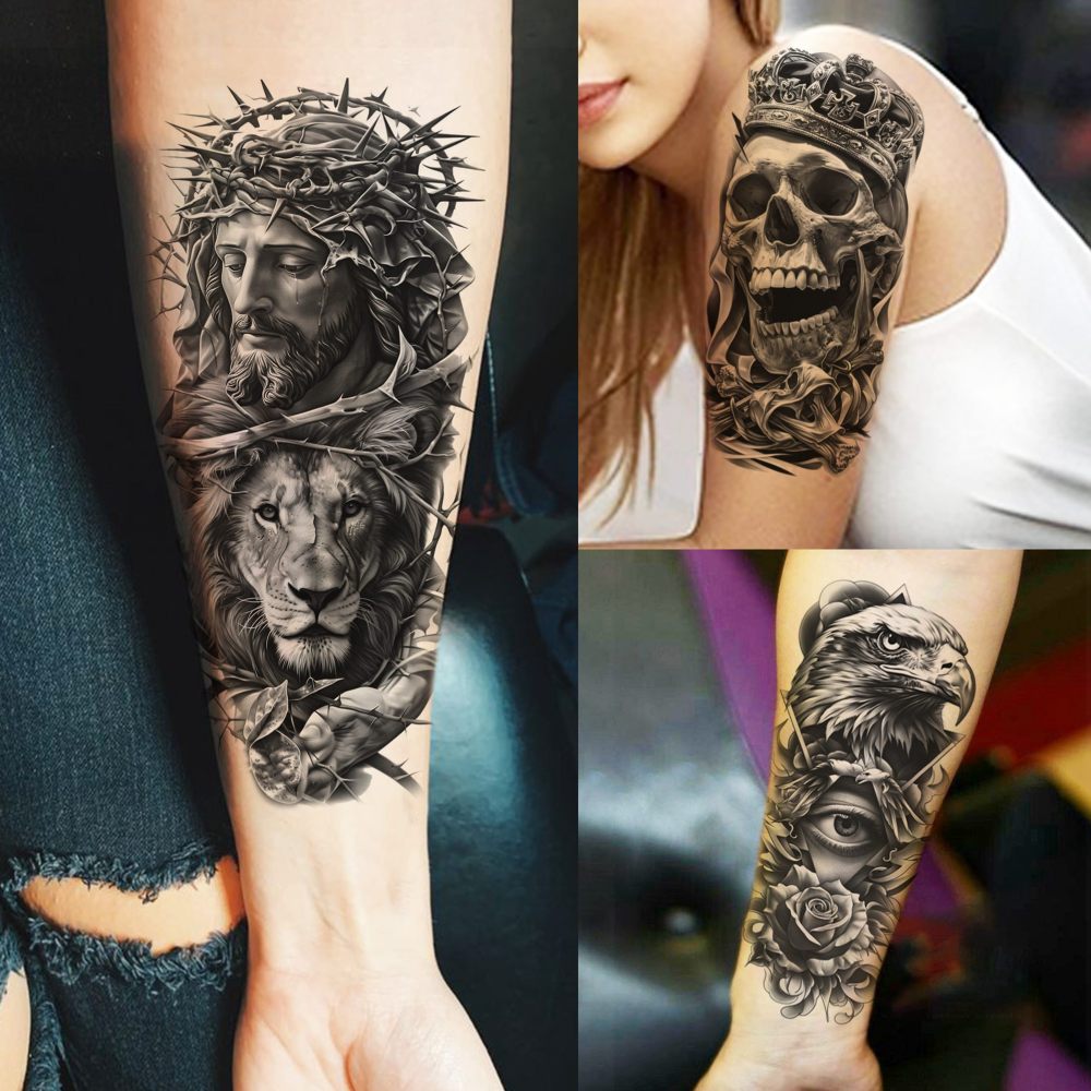 73 Sheets Lion Skull Wolf Temporary Tattoos For Women Men, Halloween Skull Eagle Owl Waterproof Half Arm Sleeve Tattoos For Adult, Tiger Jesus Christ Long Lasting Fake Tattoo Sticker Tiger Skeleton