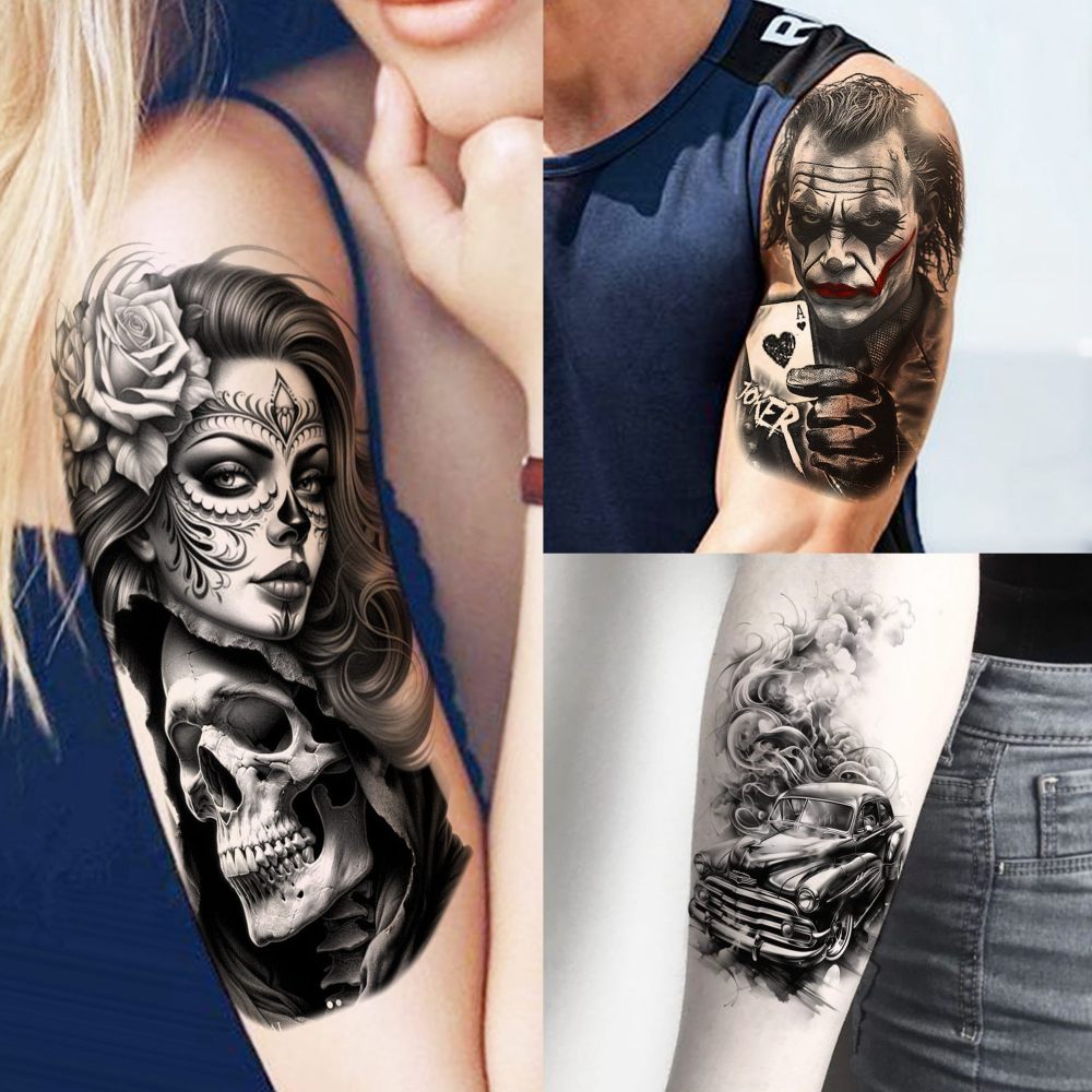 70 Sheets Chicano Temporary Tattoos For Women Men, Halloween Guadalupe Jesus Christ God Waterproof Half Arm Sleeve Tattoos For Adults, Virgin Mary Cholo Chola Fake Tattoo Sticker Joker Gangster Prison