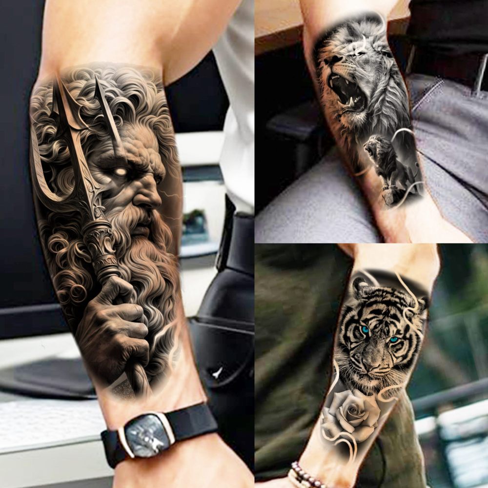 69 Sheets Gothic Lion Jesus Christ Temporary Tattoos For Women Men, Halloween Skull Warrior Zeus God Waterproof Half Arm Sleeve Tattoos For Adults, Tiger Wolf Long Lasting Fake Tattoo Sticker Skeleton
