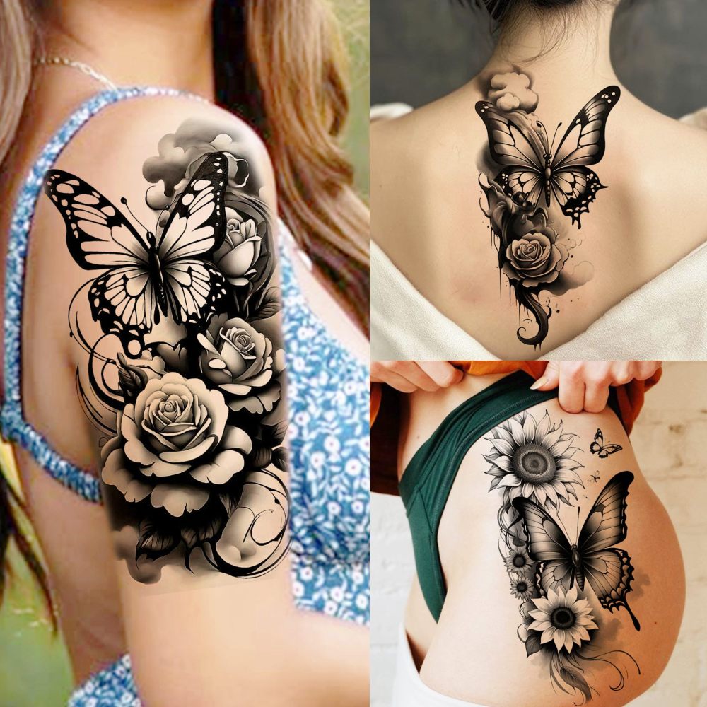 72 Sheets Rose Flower With Butterfly Temporary Tattoos For Women Girls, Sexy Floral Blossom Waterproof Half Arm Sleeve Tattoos For Adults, Long Lasting Fake Tattoo Sticker Peony Sunflower Butterflies