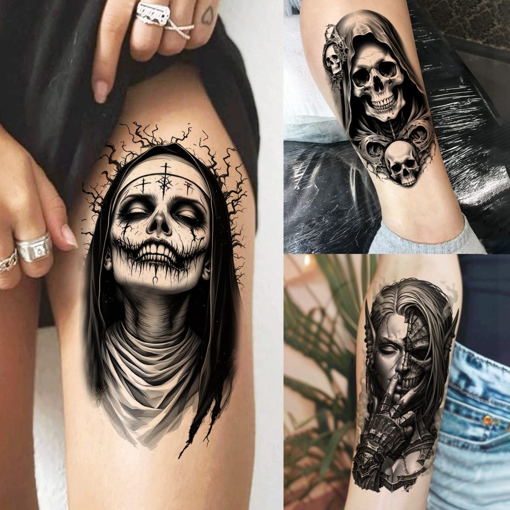 75 Sheets Halloween Skull Skeleton Temporary Tattoos For Men Women, Snake Demon Devil Fiend Satan Bulk Half Arm Sleeve Tattoos For Adults, 3D Temp Long Lasting Fake Tattoo Sticker Vampire Zombies