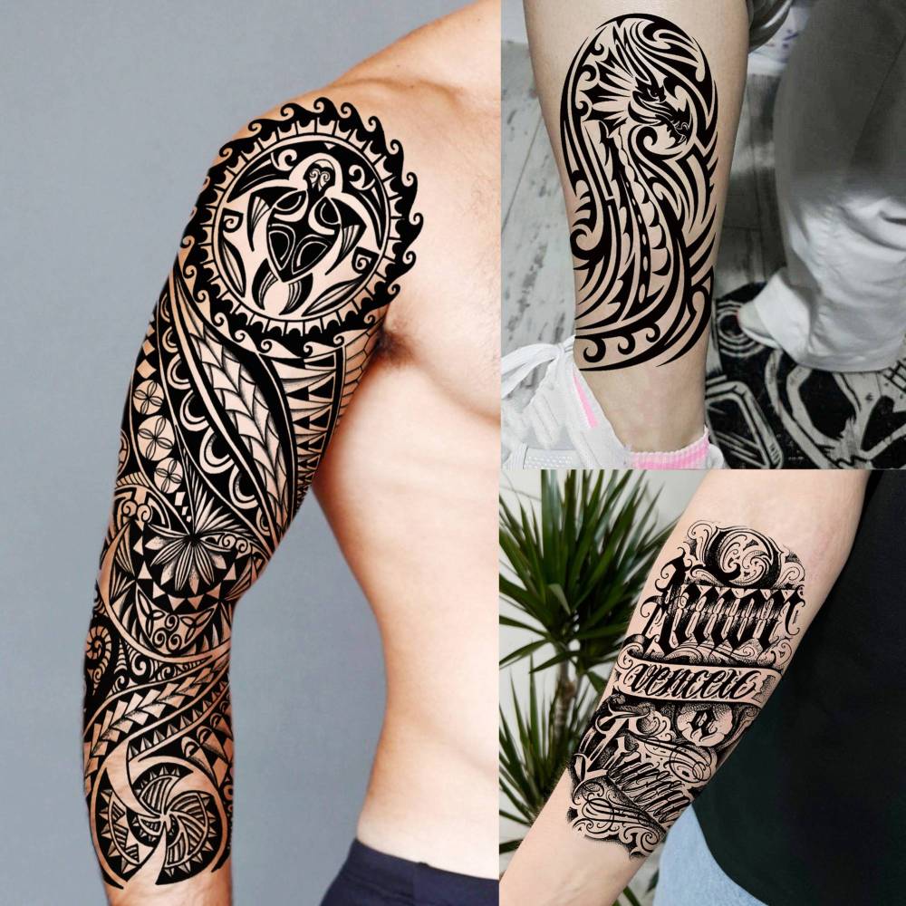 20 Sheets Extra Large Maori Full Arm Sleeve Temporary Tattoos For Men Women Thigh, Fake Sleeve Tattoos For Adults, Tribal Indian Long Lasting Halloween Black Turtle Maori Tattoo Stickers Faith