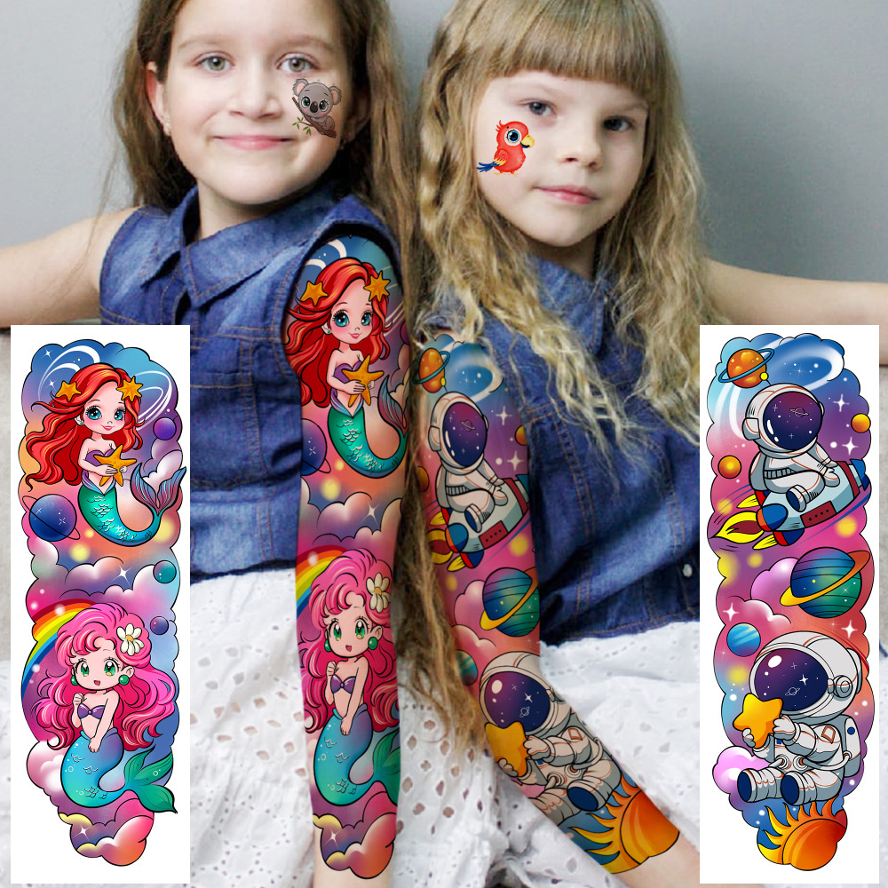 58 PCS Cartoon Unicorn Mermaid Temporary Tattoo For Kids Girls Boys, Full Arm Animals Dinosaur Car Space Monster Truck Butterfly Body Face Fake Arm Tattoos Stickers Birthday Gifts Goodie Bag Stuffer