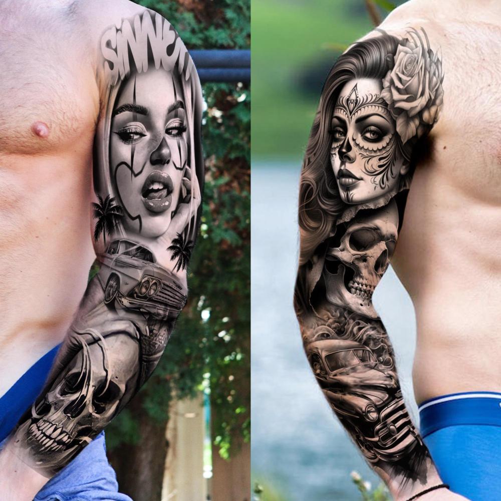 18 Sheets Chicano Full Arm Temporary Tattoos For Men Women Thigh, Chicana Guadalupe Joker Gangster Nun Girl Fake Sleeve Tattoos For Adults, Temp Bulk Jesus Christ Halloween Tattoo Stickers Prison