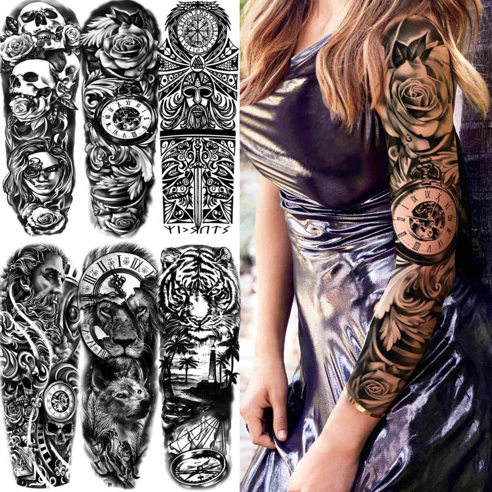 21 Sheets Extra Large Black Temporary Tattoos For Women Adults Greek Myth With 8 Sheets Full Arm Sleeve For Men Maori Warrior Compass and 13 Sheets Fake Large 3D Tatoo Stickers