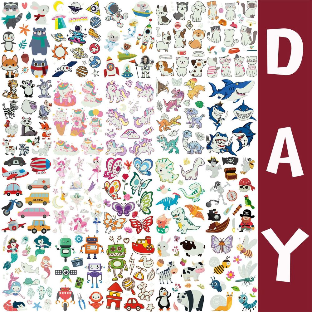 20 Sheets Bulk Cute Luminous Temporary Tattoos For Kids Boys Girls Children, 3D Night Cartoon Car Unicorn Robot Animals Dog Cat Shark Space Pirate Marine Fairy Fake Glow in The Dark Tattoo Stickers