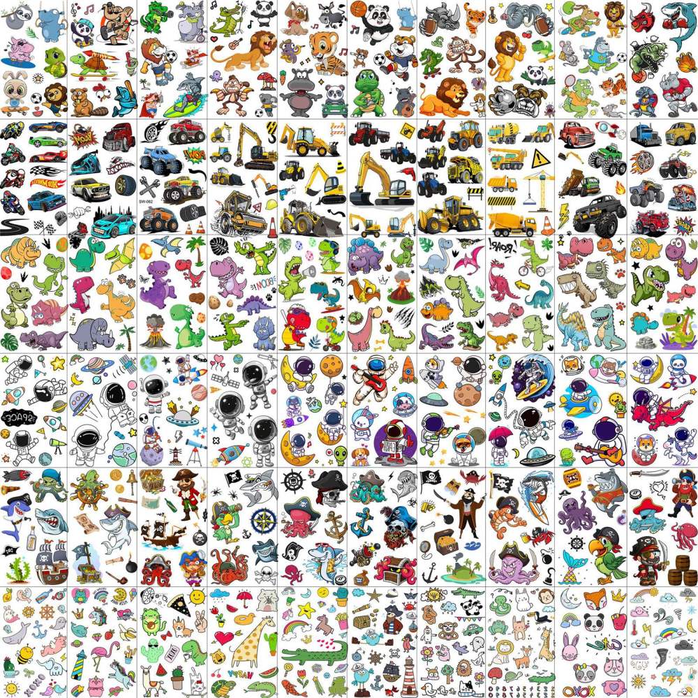 60 Sheets 999+ Groovy Cartoon Temporary Tattoos For Kids Boys Girls, Construction Excavator Cars Dinosaur Space Pirate Shark Animal Fake Tattoo Sticker, Goodie Bags Stuffers Birthday Party Supplies