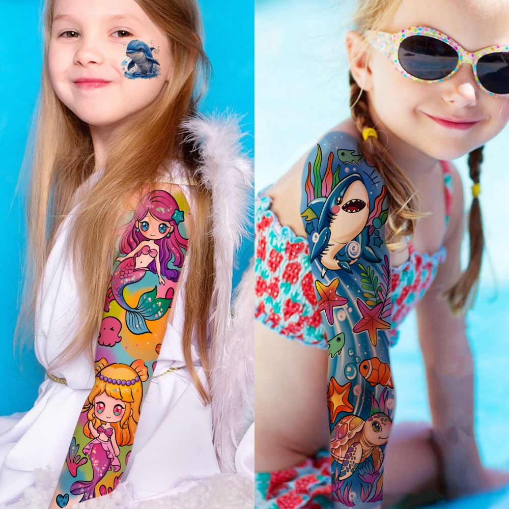 58 PCS 3D Cartoon Marine Animals Temporary Tattoos For Kids Mermaid Girls Boys, Fake Full Arm Sleeve Tattoos Dinosaur Ocean Mermaid Butterfly Body Face Arm Tattoo Stickers, Birthday Gifts Party Supply