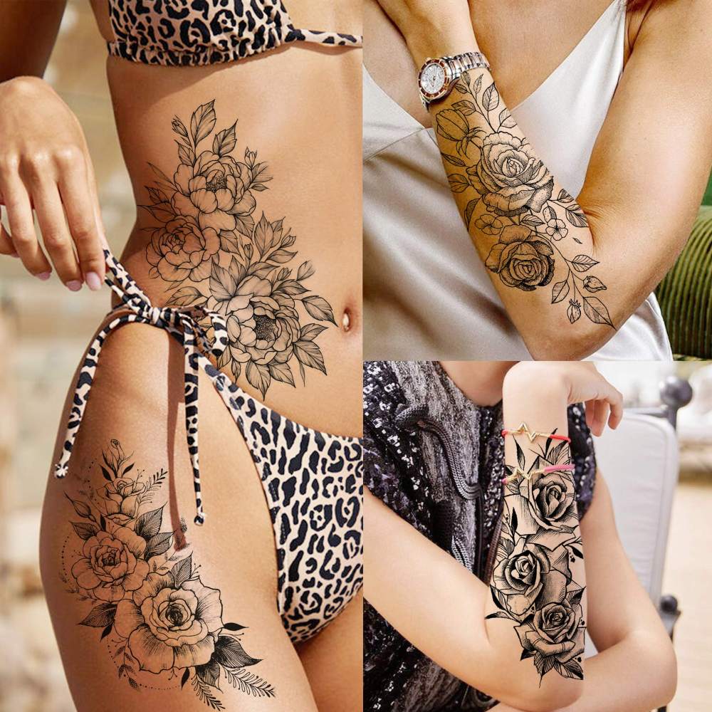 63 Sheets Realistic Black Rose Peony Flower Temporary Tattoos for Women Adults Body Art Arm, Snake Fake Floral Sketch Sleeve Tattoo Sticker