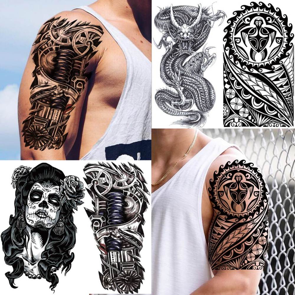 50 Sheets Black Temporary Tattoos For Men Adults Ealge Dragon Lion Wolf Animals For Women Neck Arm Thigh, Fake Small Skull Tattoo Sticker For Kids Children Boys Girls Tatoos