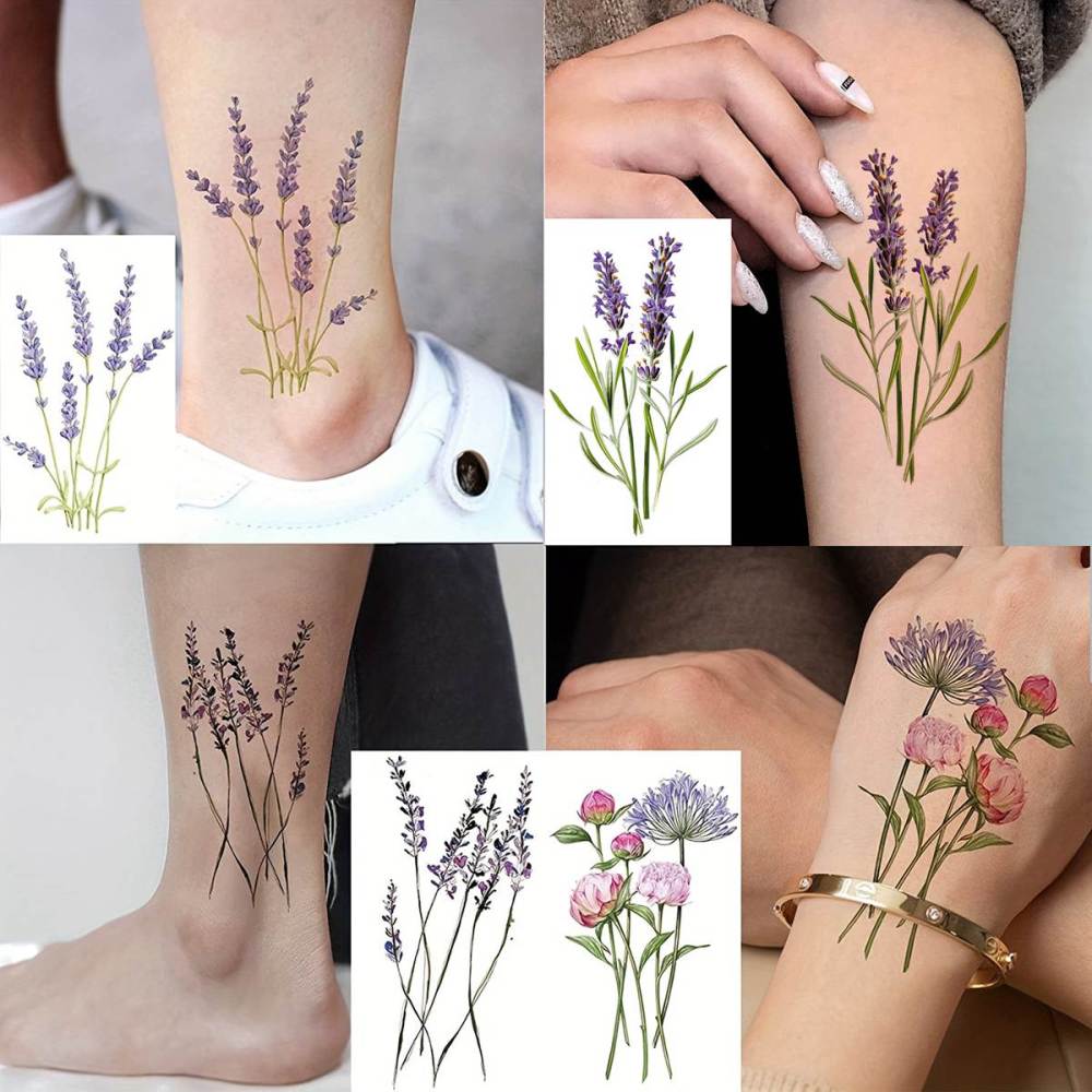 12 Sheets 3D Watercolor Lavender Flower Temporary Tattoos For Women Body Art Arm Fake Flora Adults TattooSticker Waterproof Girls Tatoos